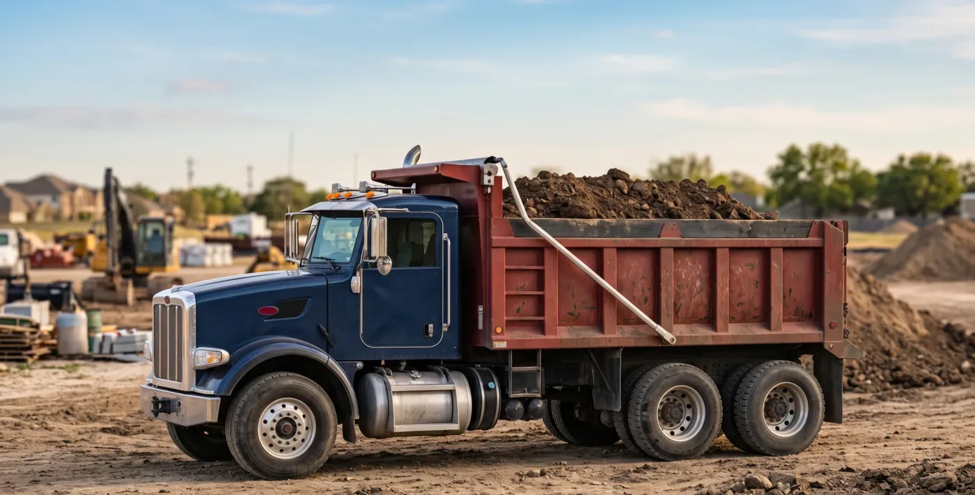 Tandem dump truck loaded with dirt crossing a graded site